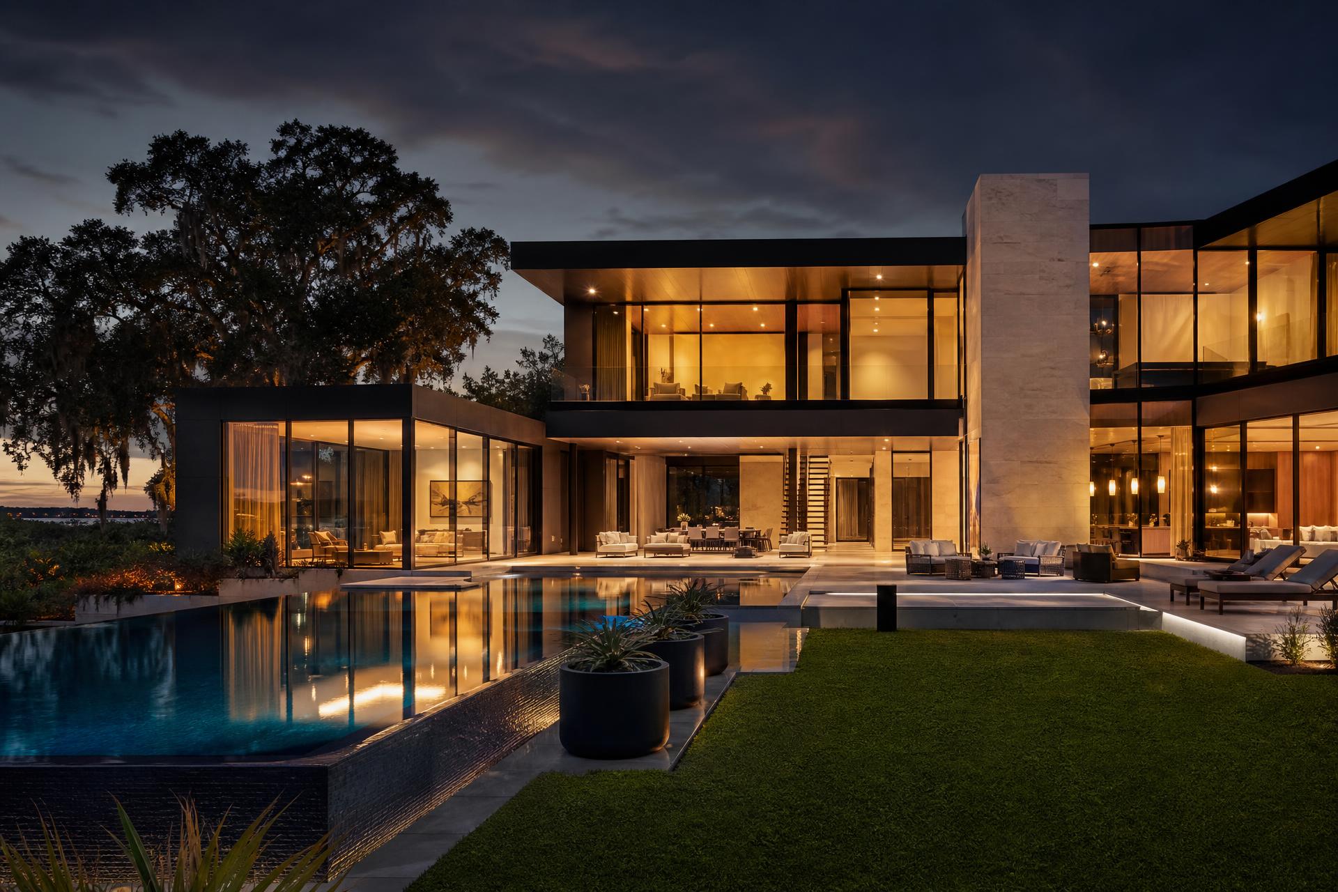 Contemporary luxury estate home at twilight with floor-to-ceiling glass, infinity pool and warm interior lighting in the South Carolina Midlands