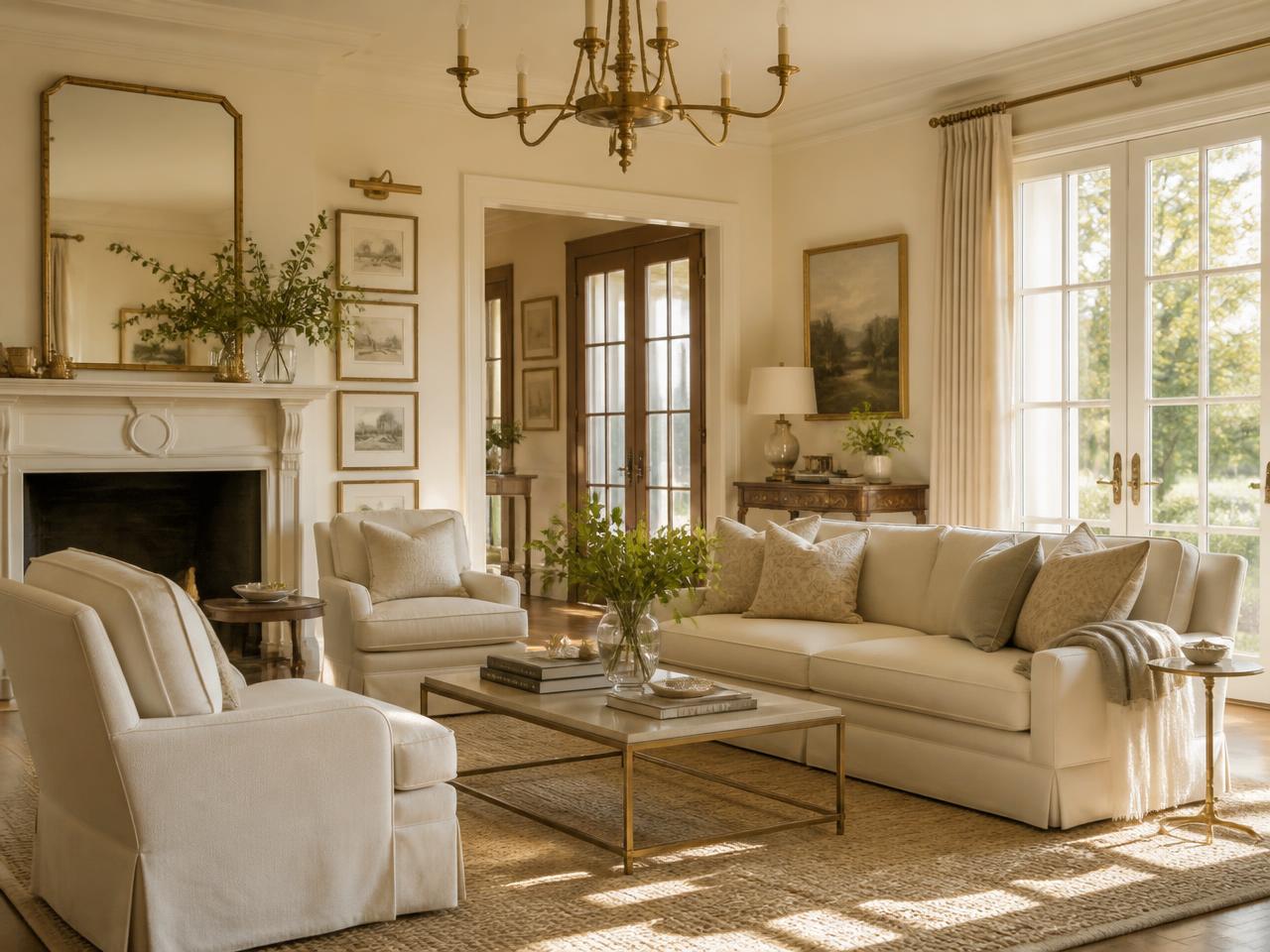 Bright, well-staged living room in a Southern luxury home