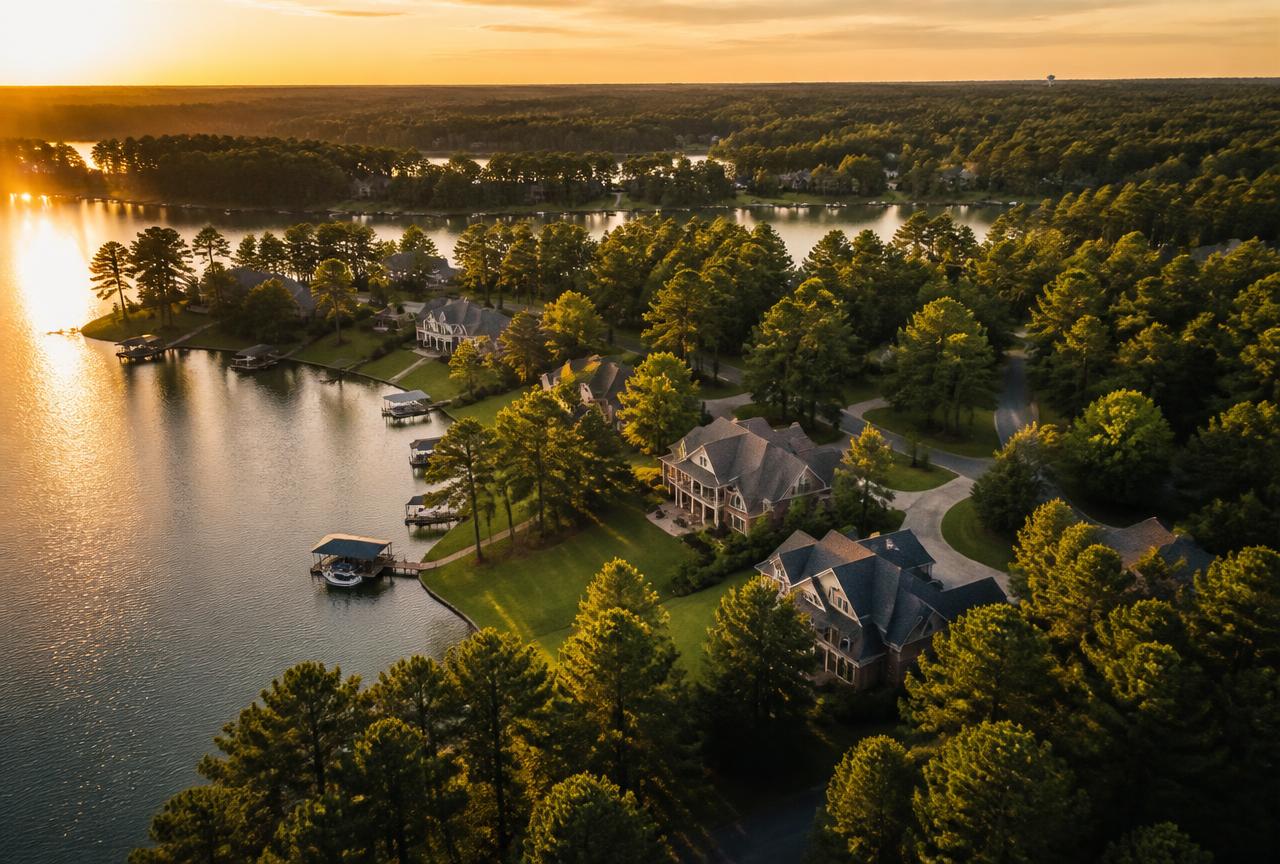 Aerial view of lakefront homes and docks in the South Carolina Midlands at golden hour